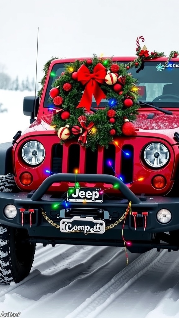 A decorated Jeep Wrangler with Christmas wreath, lights, and ornaments in a snowy setting.